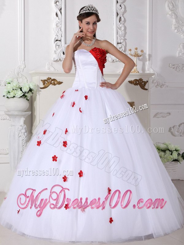 White and Red Quinceanera Dress A-line Style with Sweetheart And Flowers