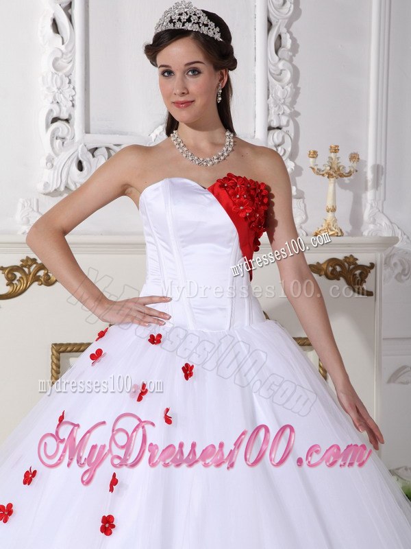 White and Red Quinceanera Dress A-line Style with Sweetheart And Flowers