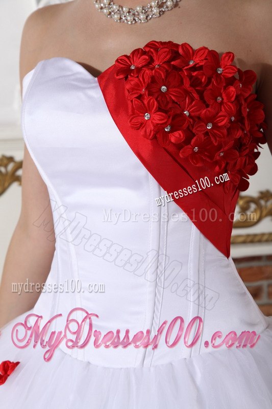 White and Red Quinceanera Dress A-line Style with Sweetheart And Flowers