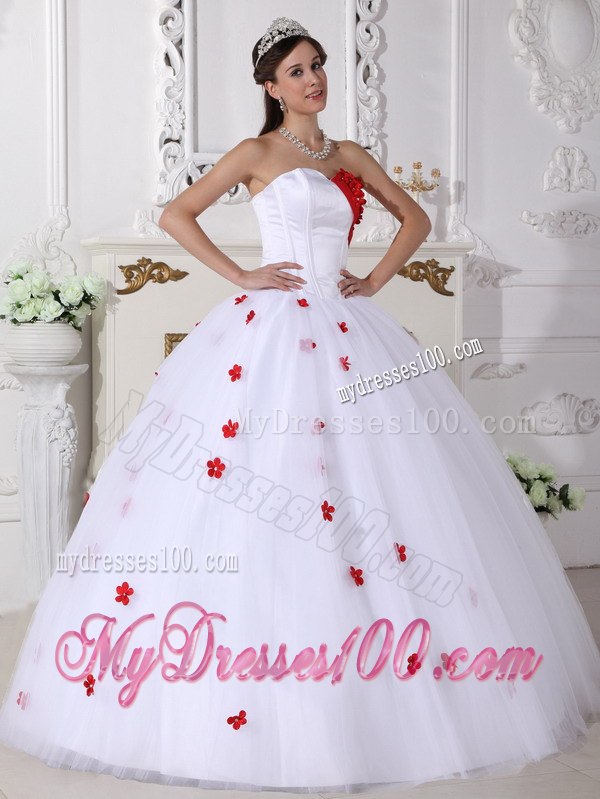 White and Red Quinceanera Dress A-line Style with Sweetheart And Flowers