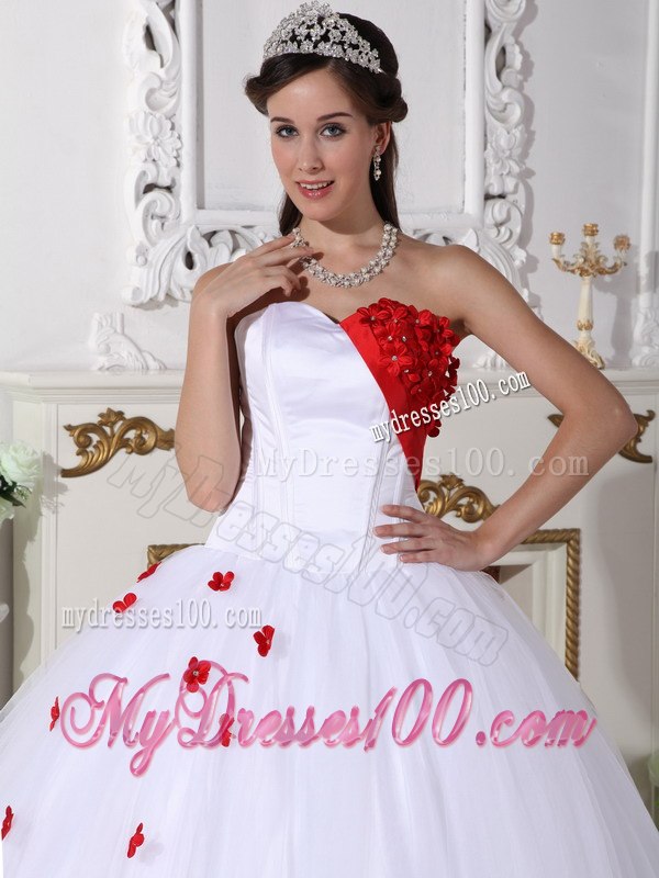 White and Red Quinceanera Dress A-line Style with Sweetheart And Flowers