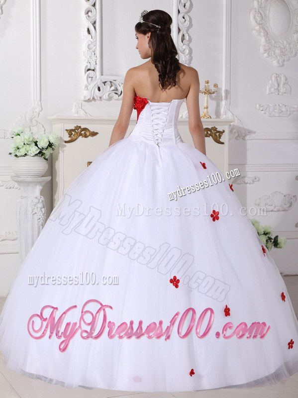 White and Red Quinceanera Dress A-line Style with Sweetheart And Flowers