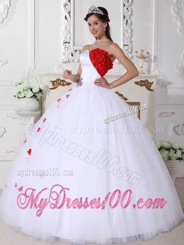 White and Red Quinceanera Dress A-line Style with Sweetheart And Flowers
