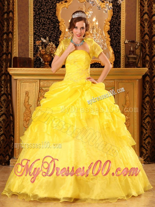 Yellow Quinceanera Gown Appliques and Ruffles Decorate for Quince