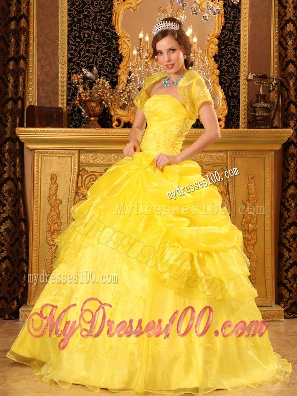 Yellow Quinceanera Gown Appliques and Ruffles Decorate for Quince