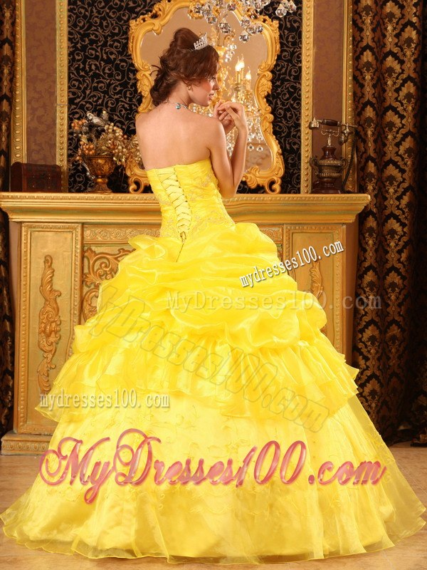Yellow Quinceanera Gown Appliques and Ruffles Decorate for Quince