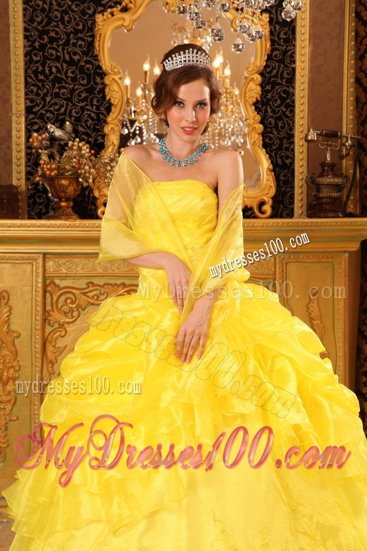 Yellow Quinceanera Gown Appliques and Ruffles Decorate for Quince