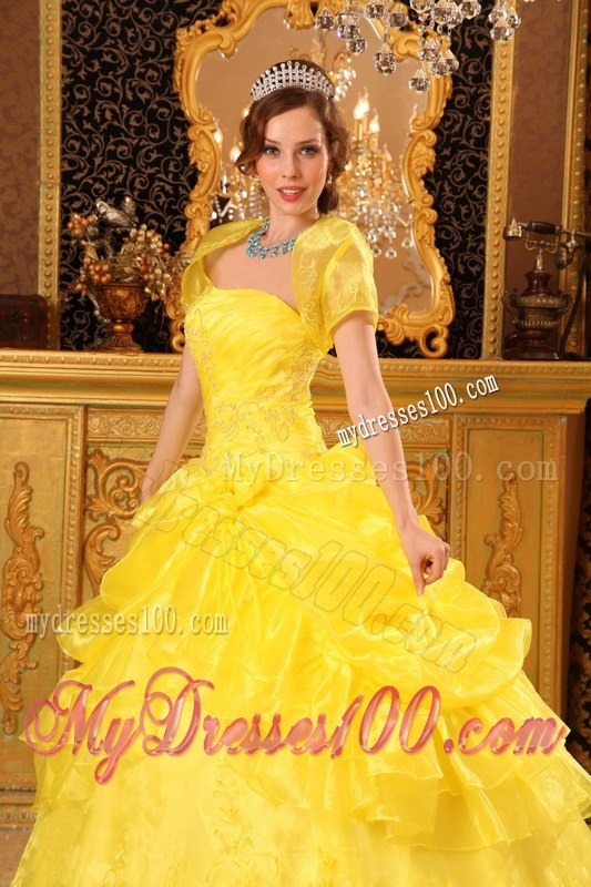 Yellow Quinceanera Gown Appliques and Ruffles Decorate for Quince