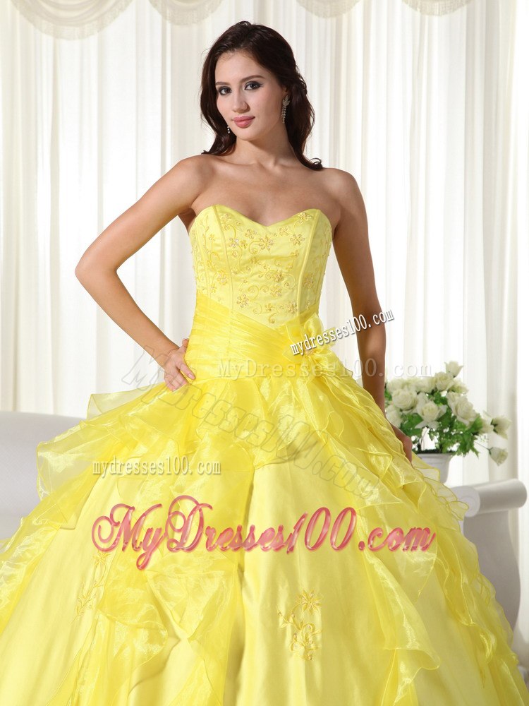 Ruffles Yellow Sweetheart Floor-length Embroidery Quinceanera Dress