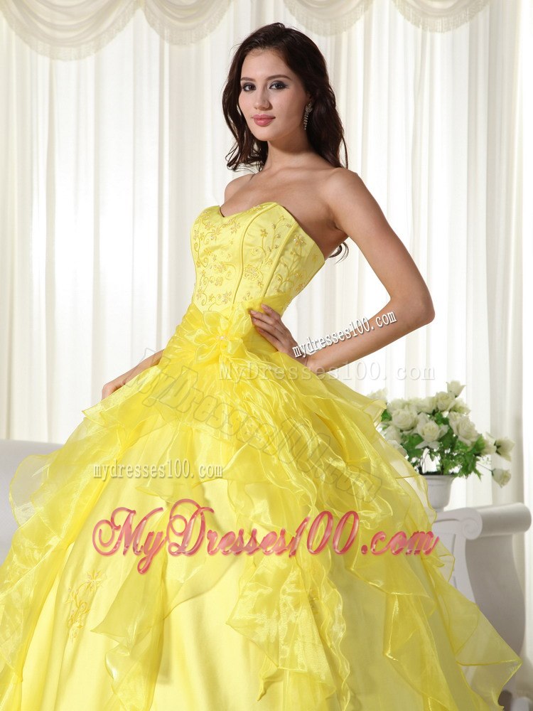 Ruffles Yellow Sweetheart Floor-length Embroidery Quinceanera Dress