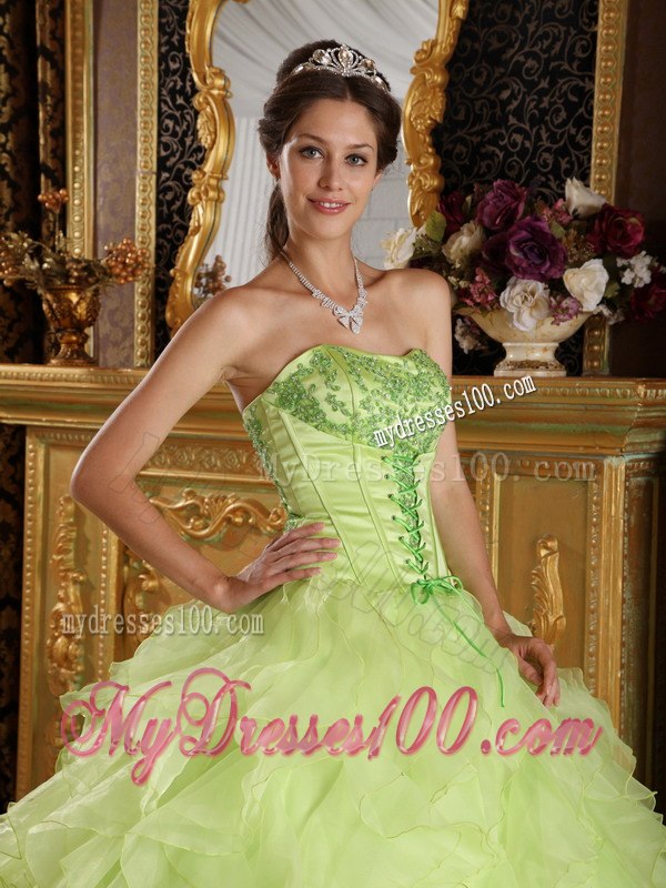 Layers Yellow Green Satin and Organza Sweet 16 Dresses Strapless