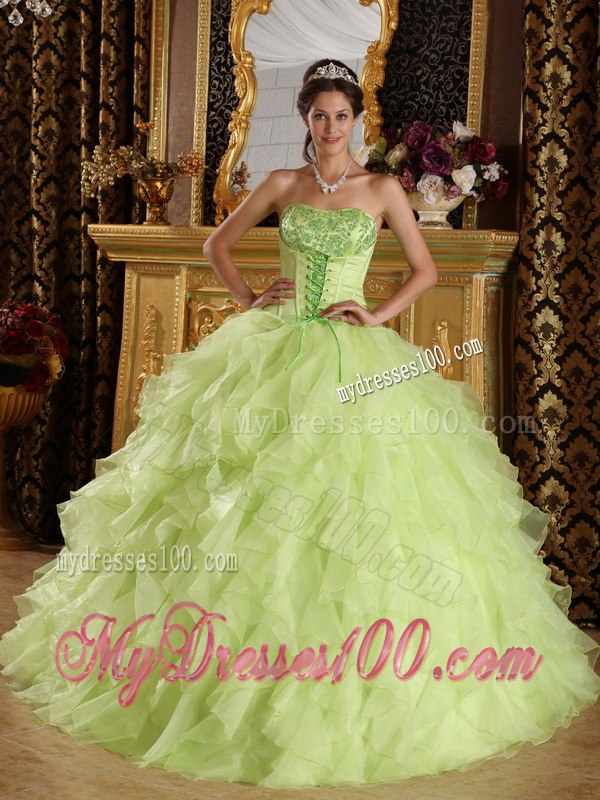 Layers Yellow Green Satin and Organza Sweet 16 Dresses Strapless