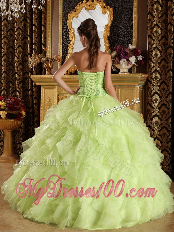 Layers Yellow Green Satin and Organza Sweet 16 Dresses Strapless