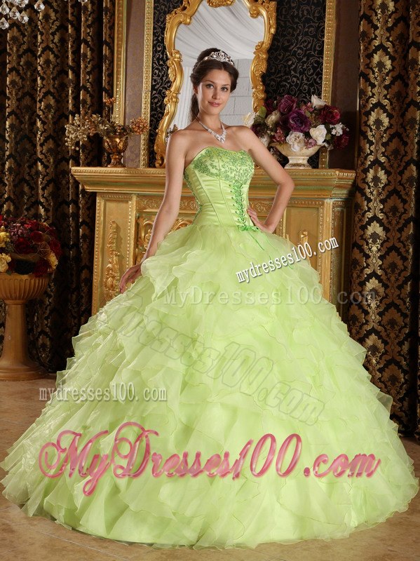 Layers Yellow Green Satin and Organza Sweet 16 Dresses Strapless