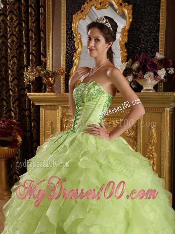 Layers Yellow Green Satin and Organza Sweet 16 Dresses Strapless