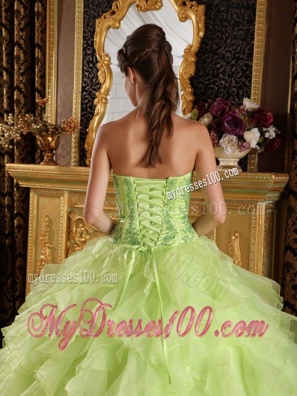 Layers Yellow Green Satin and Organza Sweet 16 Dresses Strapless