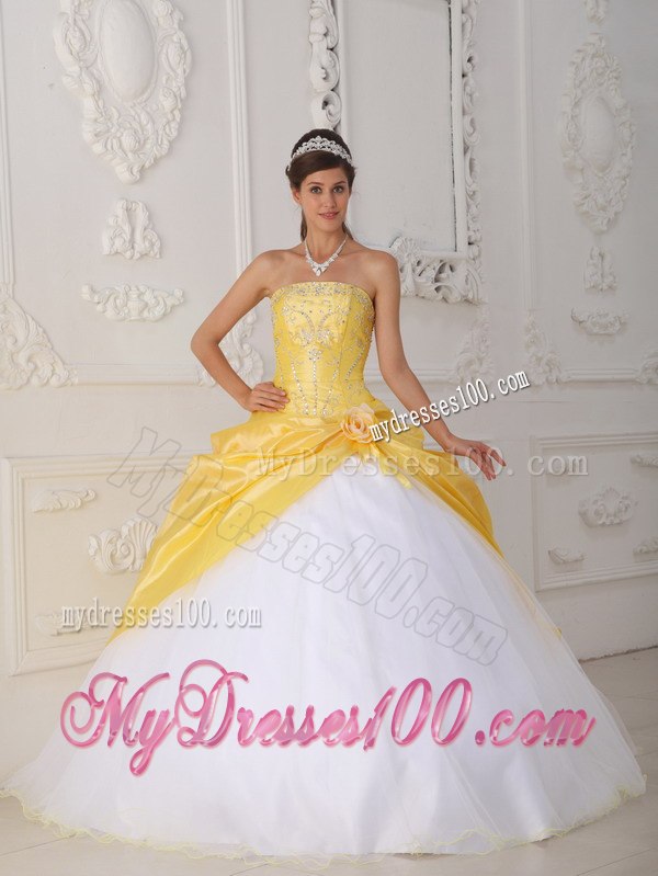 with Appliques and Hand Flower Sweet 16 Dress Yellow and White
