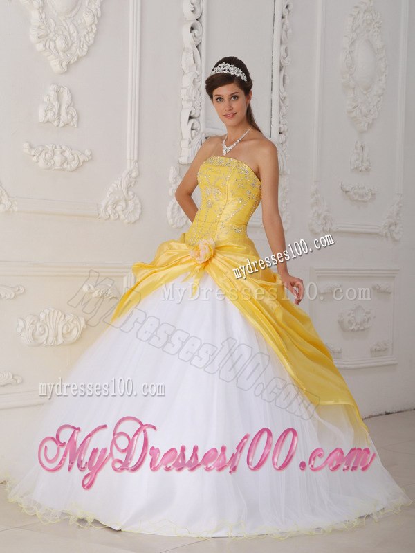 with Appliques and Hand Flower Sweet 16 Dress Yellow and White