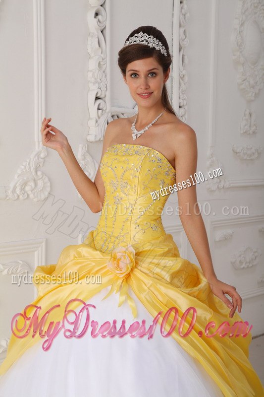 with Appliques and Hand Flower Sweet 16 Dress Yellow and White