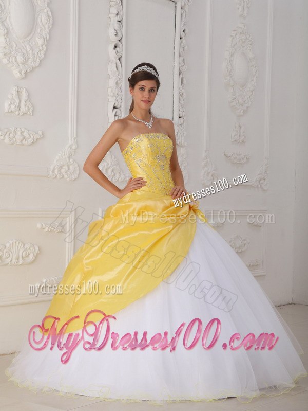 with Appliques and Hand Flower Sweet 16 Dress Yellow and White