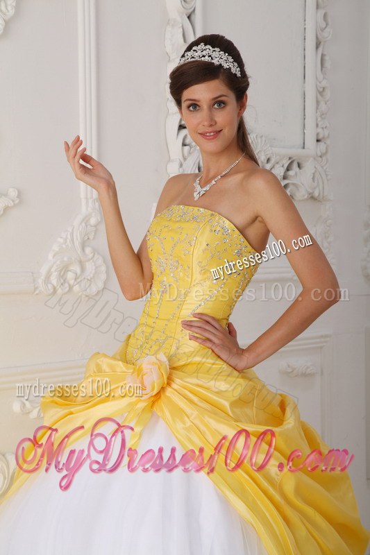 with Appliques and Hand Flower Sweet 16 Dress Yellow and White