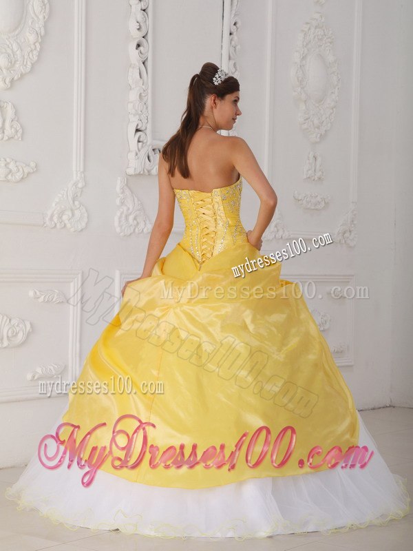 with Appliques and Hand Flower Sweet 16 Dress Yellow and White