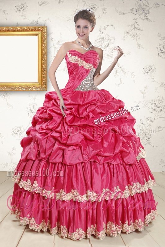 2016 Cheap Appliques Sweet 15 Dresses in Coral Red