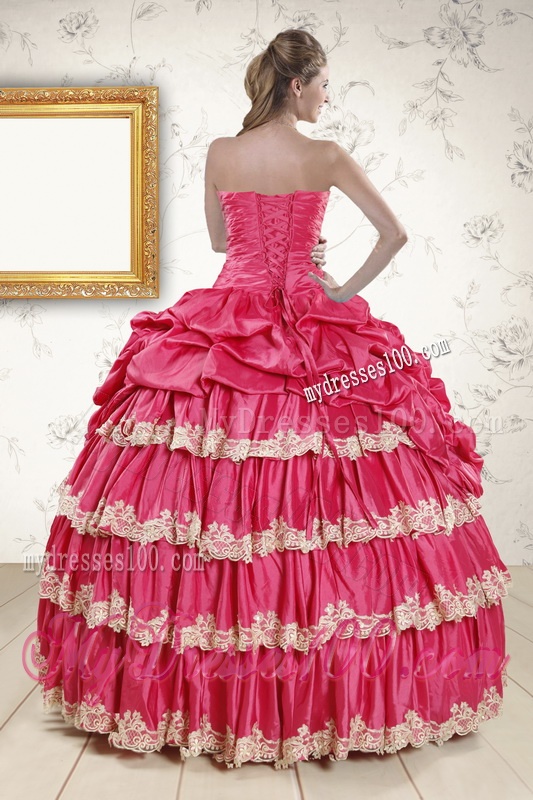 2016 Cheap Appliques Sweet 15 Dresses in Coral Red