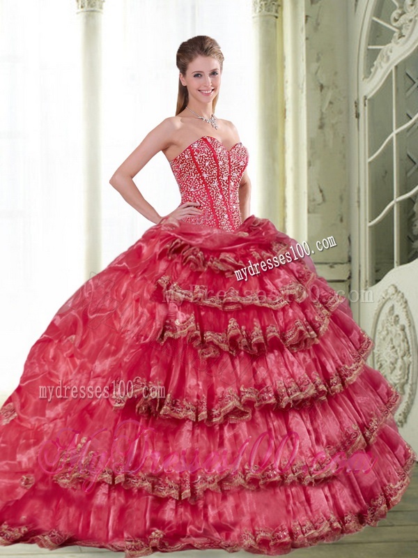 2016 Classical Coral Red Quinceanera Dress with Pick Ups and Ruffled Layers