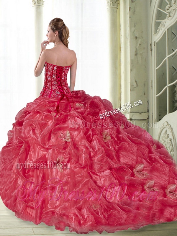 2016 Classical Coral Red Quinceanera Dress with Pick Ups and Ruffled Layers