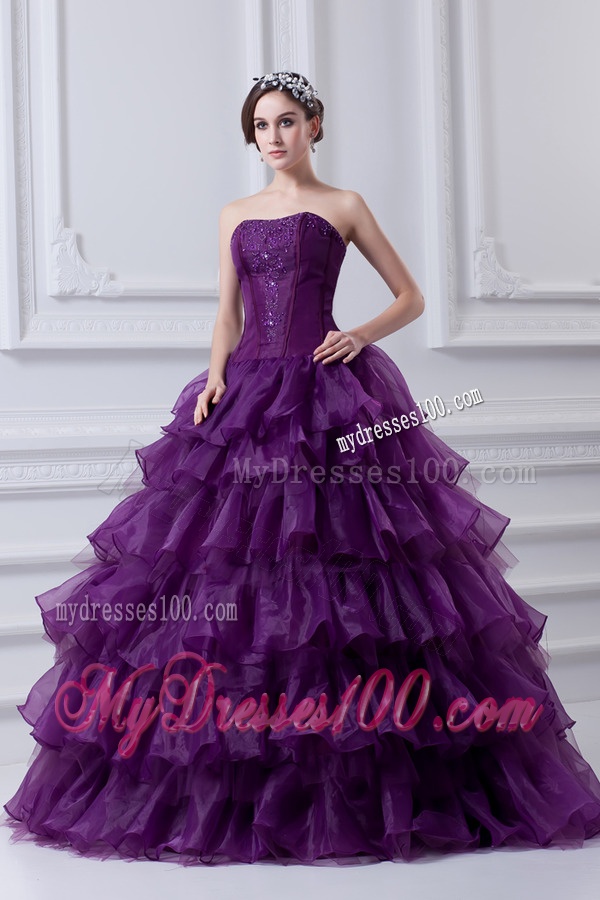 2016 Eggplant Purple Strapless Ball Gown Beading and Embroidery Quinceanera Dress