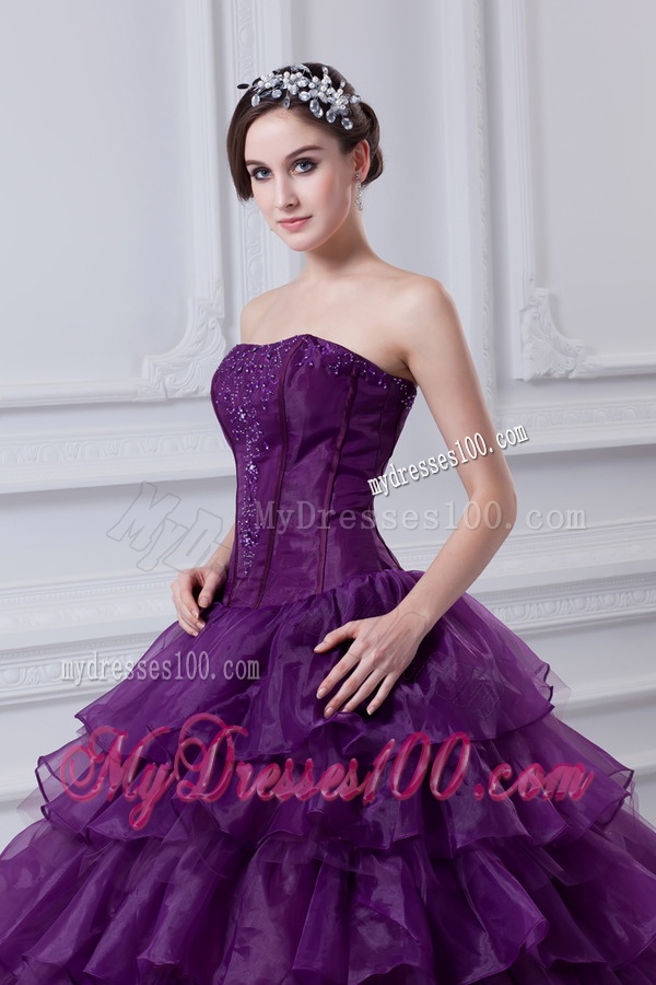 2016 Eggplant Purple Strapless Ball Gown Beading and Embroidery Quinceanera Dress
