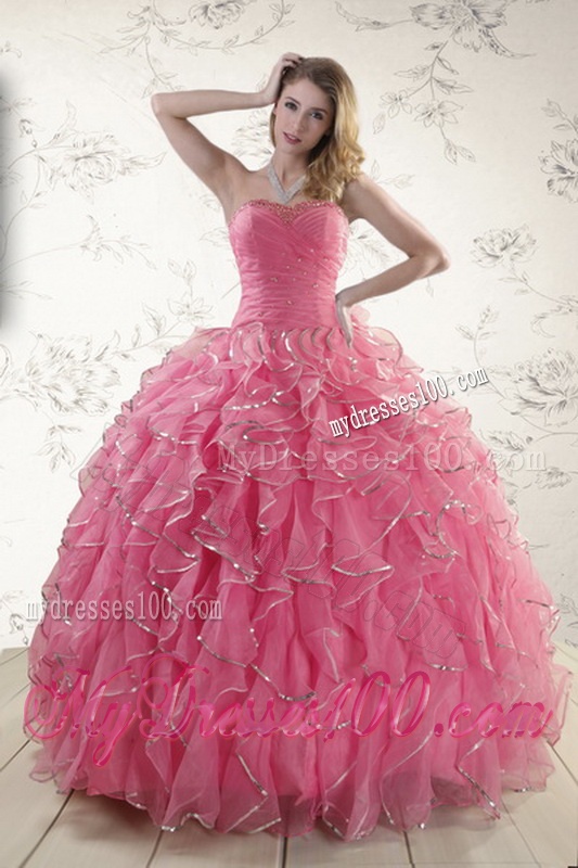 2016 Elegant Rose Pink Quinceanera Dresses with Paillette and Ruffles