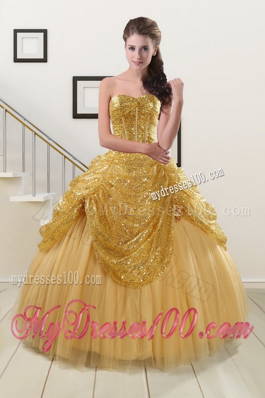2016 Most Popular Sweetheart Sequined Quinceanera Dresses in Gold