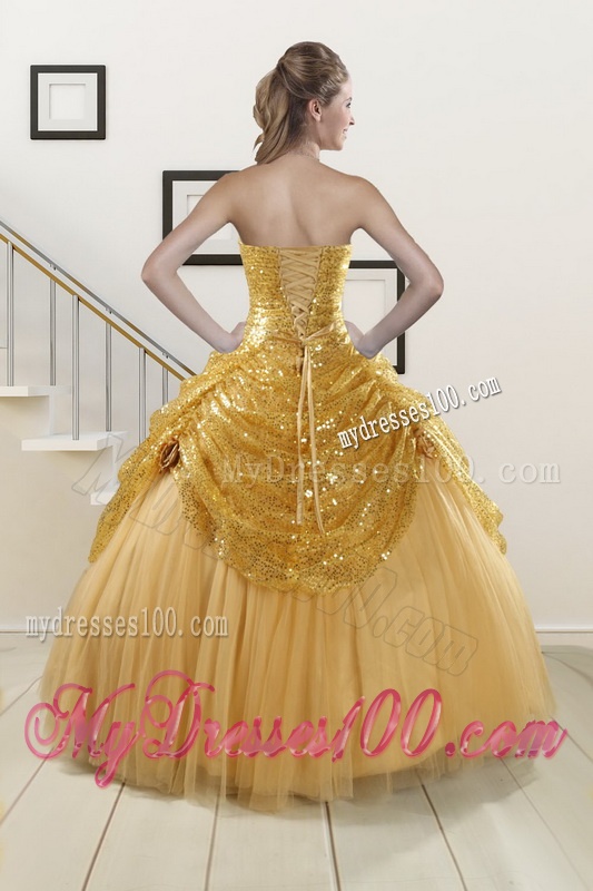 2016 Most Popular Sweetheart Sequined Quinceanera Dresses in Gold