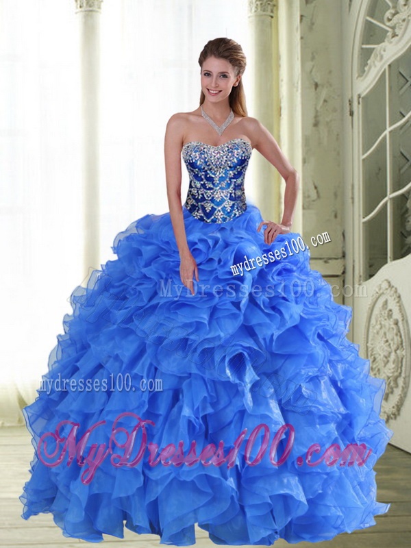 2016 Perfect Beading and Ruffles Strapless Sweet 15 Dresses in Blue