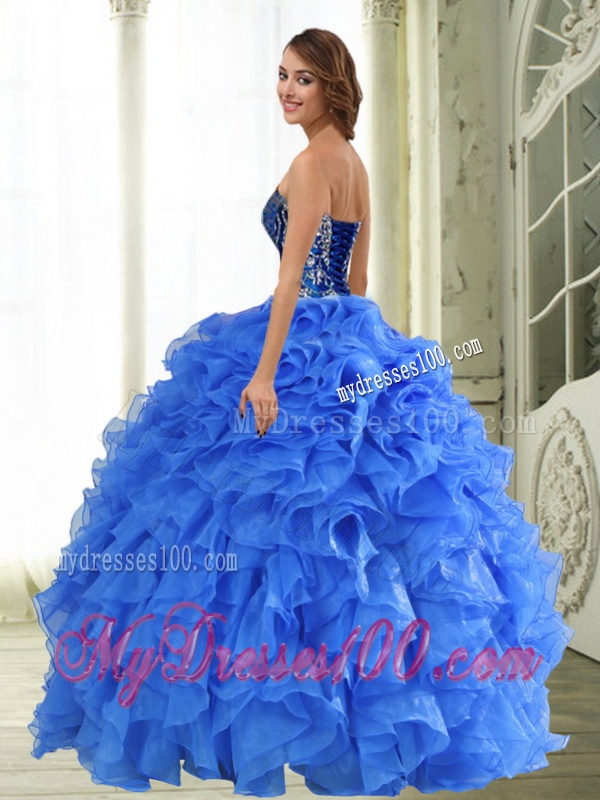 2016 Perfect Beading and Ruffles Strapless Sweet 15 Dresses in Blue