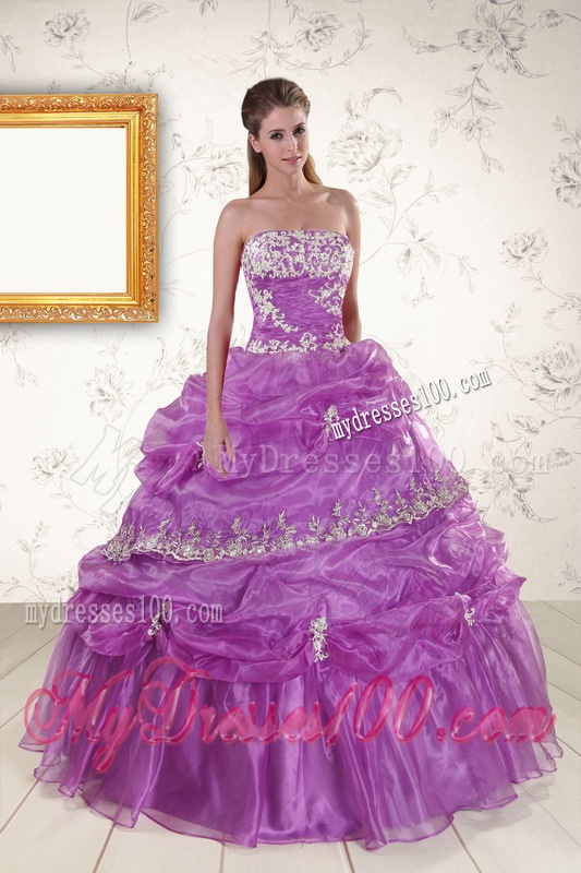 2016 Pretty Strapless Lilac Quinceanera Dresses with Appliques