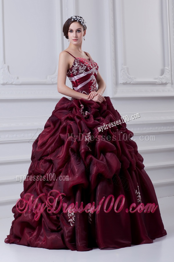 2016 Spaghetti Straps Organza Beading and Appliques Burgundy Quinceanera Dress