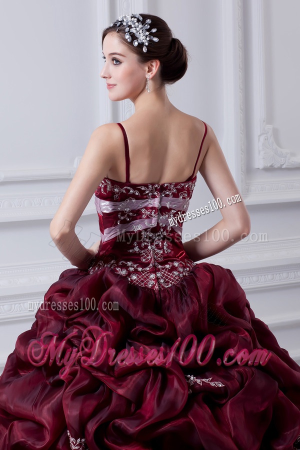 2016 Spaghetti Straps Organza Beading and Appliques Burgundy Quinceanera Dress