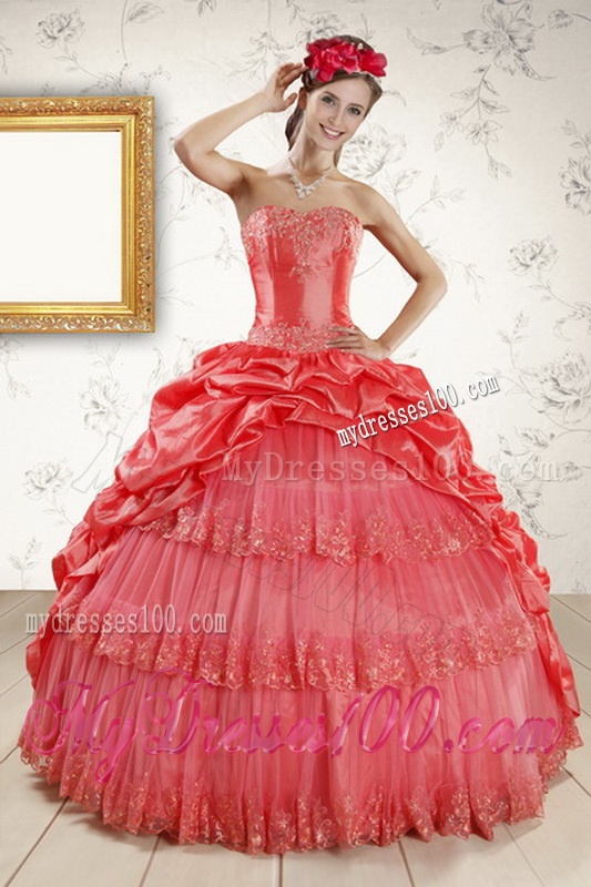 2016 Strapless Coral Red Quinceanera Dresses with Pick Ups and Beading