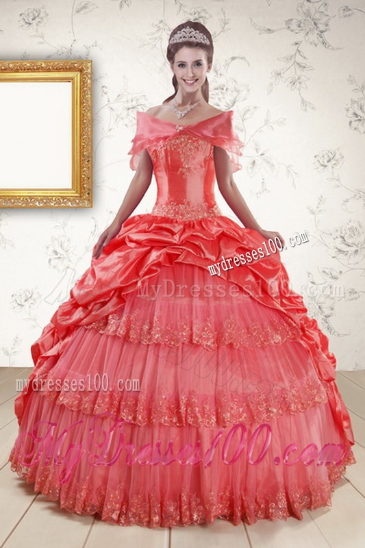 2016 Strapless Coral Red Quinceanera Dresses with Pick Ups and Beading
