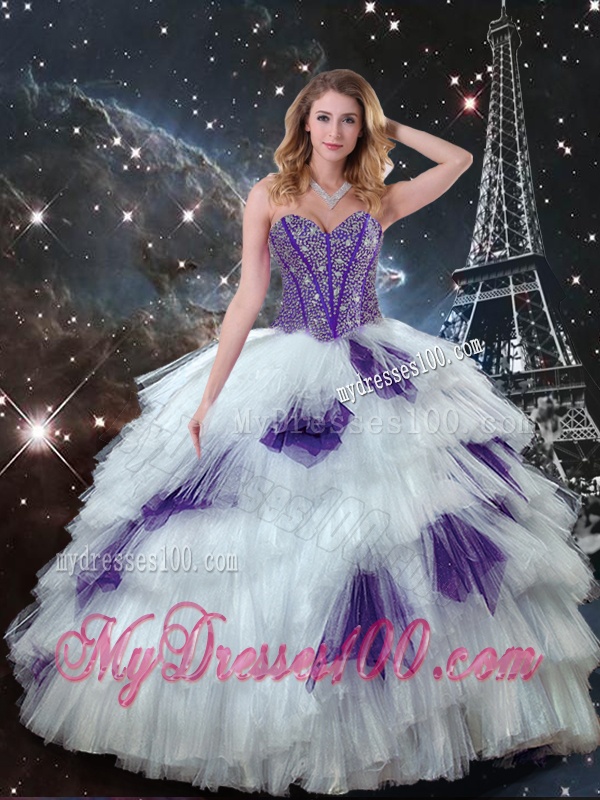Exquisite Sweetheart Beaded Quinceanera Dresses in White and Purple