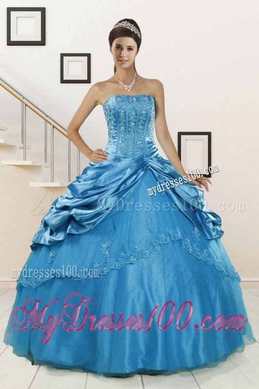 2016 Spring Wonderful Strapless Appliques Quinceanera Dresses in Teal