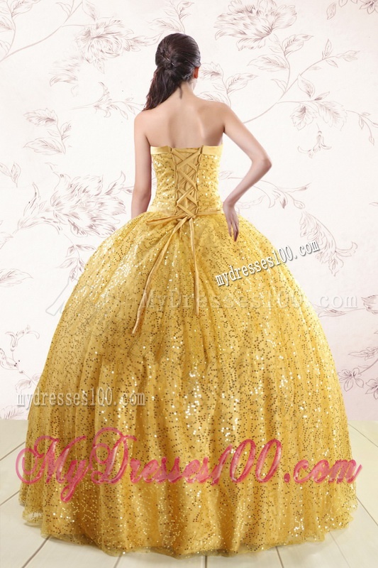 Romantic Gold Sequined Quinceanera Dress with Strapless