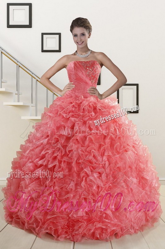2016 Popular Watermelon Red Quinceanera Dresses with Beading and Ruffles