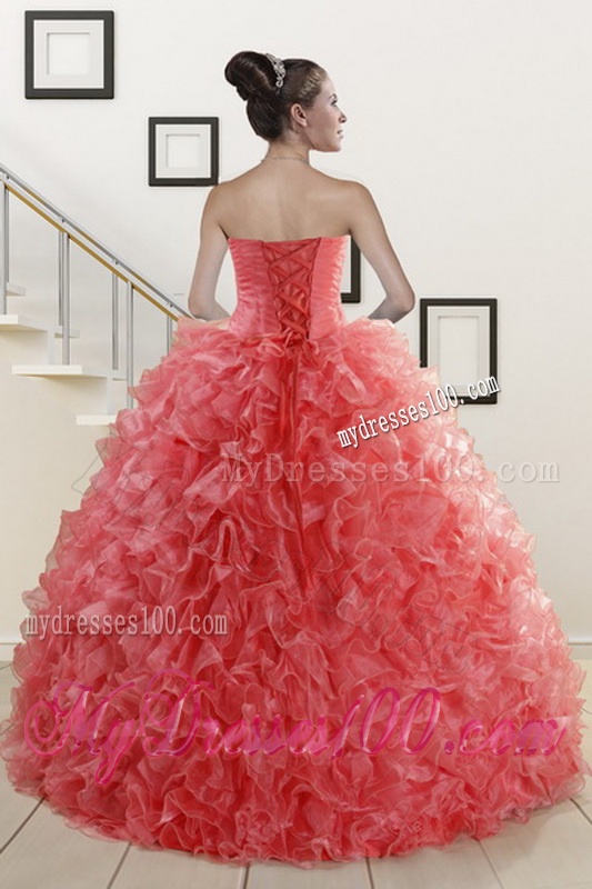 2016 Popular Watermelon Red Quinceanera Dresses with Beading and Ruffles