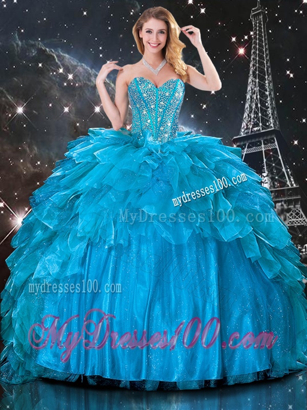 Artistic Ball Gown Beaded Detachable Quinceanera Gowns in Blue