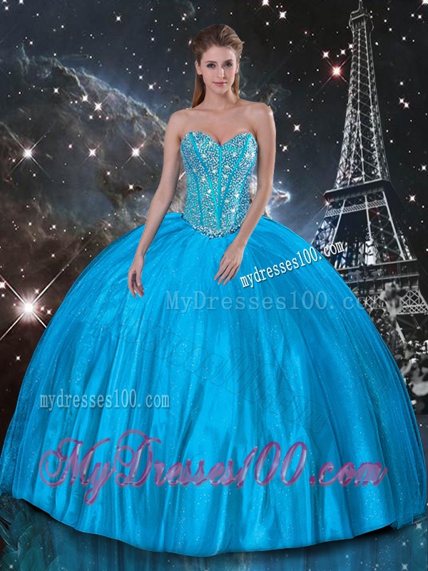 Artistic Ball Gown Beaded Detachable Quinceanera Gowns in Blue
