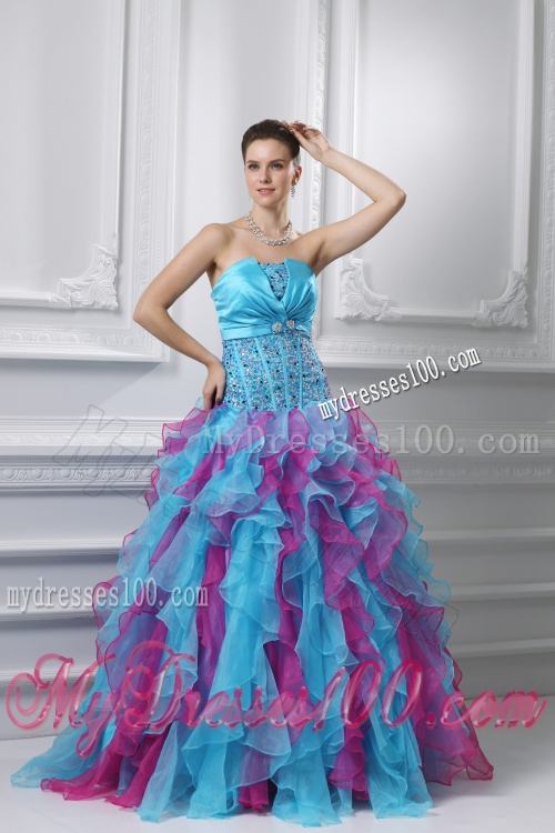 Ball Gown Strapless Organza Beading Ruffles Multi-color Quinceanera Dress